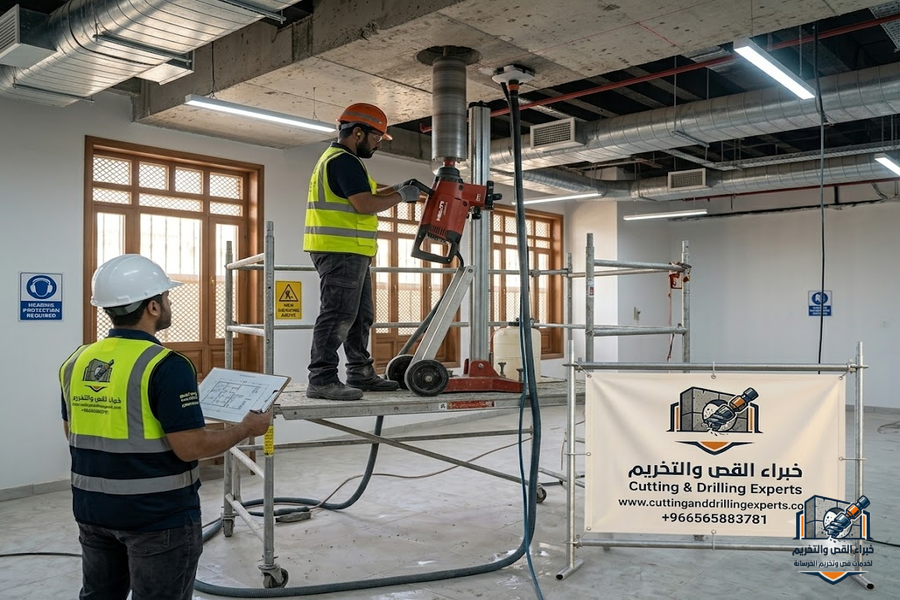 تخريم خرسانة حي البلد في جدة باستخدام أجهزة الكور الماسي لفتح كور المكيفات والسباكة والكهرباء والمصاعد بدقة عالية وبدون تكسير